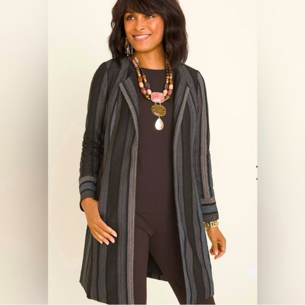 Chico’s Striped Shine Open Duster Jacket Size Large